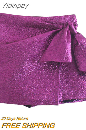 Yipinpay 2023 Purple Bow Skirt Shorts Woman Knot High Waist Skorts Sexy Fashion Shorts Women Y2k Streetwear Shiny Party Bottoms